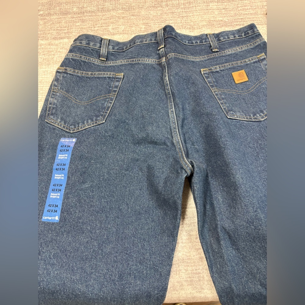 NWT Carhartt Relaxed Fit Straight Leg Denim Jeans Mens 42X34 Dark Blue Workwear - Picture 3 of 11